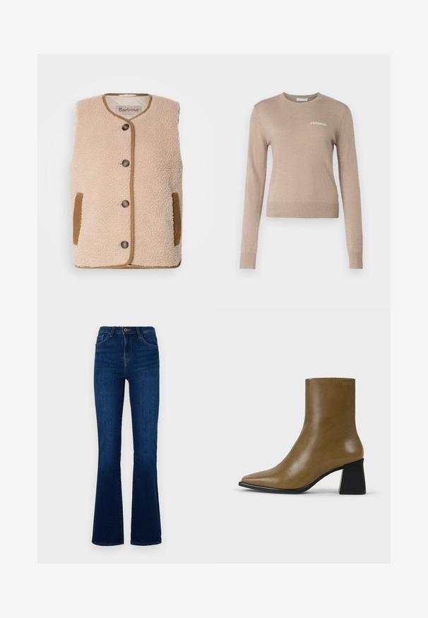 Crème fleecevest met een ronde halslijn, voorzijde met knoopsluiting en bruine accenten op de zakken en de afwerking. Zachte textuur en klassiek ontwerp.; Beige gebreide trui met lange mouwen, ronde halslijn, geribde zoom en manchetten, met een subtiel wit "2ND DAY" logo op de borst.; Donkerblauwe flared jeans van denim met een hoge taille, voorzien van voorzakken, een ritssluiting en subtiele stikseldetails.; Bruine leren enkellaars met een spitse neus, een strak ontwerp en een gestructureerde afwerking. Beschikt over een contrasterende zwarte blokhak.