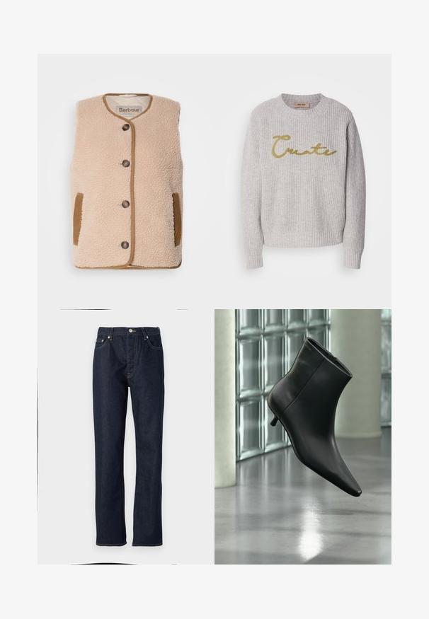 Cremfarbener Fleece-Weste mit rundem Halsausschnitt, vorderem Knopfverschluss und braunen Akzenten an Taschen und Besätzen. Weicher Stoff und klassisches Design.; Grauer gerippter Pullover mit Rundhalsausschnitt und langen Ärmeln. Auf der Vorderseite steht in goldenen Buchstaben das Wort "Create".; Dunkelblaue Jeans aus Denim mit geradem Schnitt, ausgestattet mit einem Knopf- und Reißverschluss, Fünf-Taschen-Design und kontrastierenden Nähdetails.; Schwarzer Leder-Stiefelette mit spitzer Zehenpartie und niedrigem Kitten-Heel, schräg dargestellt vor einem polierten Boden und einer Glasbausteinwand.