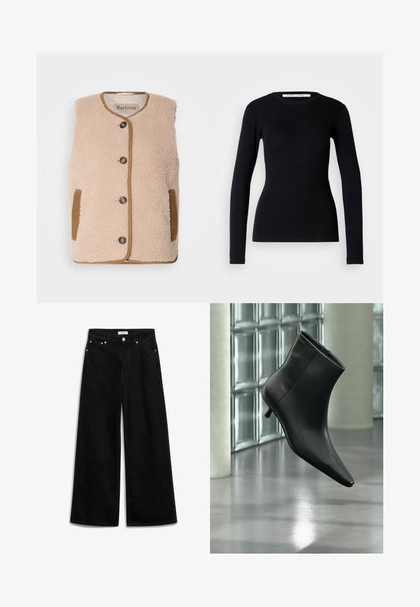 Cremfarbener Fleece-Weste mit rundem Halsausschnitt, vorderem Knopfverschluss und braunen Akzenten an Taschen und Besätzen. Weicher Stoff und klassisches Design.; Schwarzes Langarmoberteil aus geripptem Stoff. Hat einen runden Halsausschnitt und eine schmale Passform. Keine Muster oder Verzierungen. Einfaches Design.; Schwarze Schlagjeans aus Denim, mit hoher Taille, fünf Taschen und silbernen Hardware-Akzenten. Glatte Textur, sauberes Design.; Schwarzer Leder-Stiefelette mit spitzer Zehenpartie und niedrigem Kitten-Heel, schräg dargestellt vor einem polierten Boden und einer Glasbausteinwand.