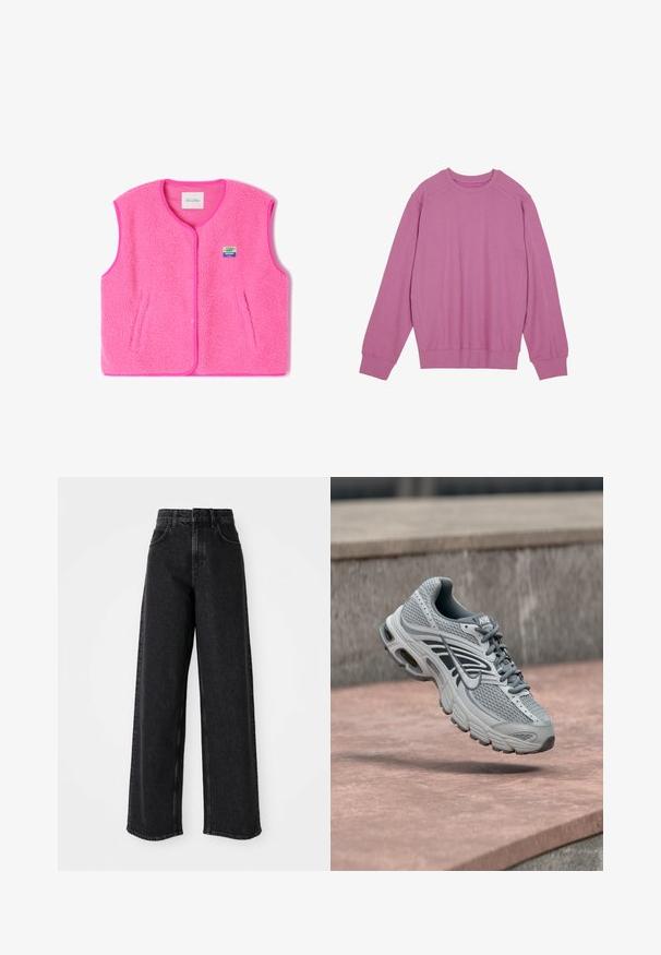 Vaaleanpunainen fleece-vesti, jossa on pyöreä kaula-aukko, nepparit ja sivutaskut. Sisältää tekstuuripintaa ja pienen, värikkään logopatchin.; Vaaleanpunainen crewneck-huppari, joka on valmistettu pehmeästä puuvillakankaasta. Sisältää joustavat hihansuut ja helmauksen sekä rentoistuvan ja raglanhihojen mukavuuden.; Musta korkeavyötäröinen leveälahkeinen farkut, jotka on valmistettu denimistä, ja joissa on klassinen viiden taskun malli sekä hienovaraiset ompeluyksityiskohdat.; Vaaleanharmaa ja valkoinen Nike-juoksukenkä verkkorakenteella leijumassa kivipinnan yläpuolella ulkona.