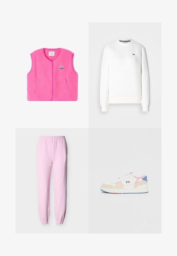 Rosa Fleece-Weste mit Rundhalsausschnitt, Druckknöpfen und Seitentaschen. Sie hat einen strukturierten Stoff und ein kleines, farbenfrohes Logo-Patch.; Weißes Sweatshirt aus Baumwollmischung mit rundem Ausschnitt, gerippten Bündchen und kleinem grünem Logo auf der Brust. Angenehme, glatte Textur.; Hellrosa Sweatpants mit elastischem Bund und Fußbündchen, vor einem schlichten hellen Hintergrund präsentiert.; Lacoste-Sneaker aus weißem Leder und hellbraunem Wildleder. Verfügt über rosa und blaue Akzente, strukturierte Einsätze und weiße Schnürsenkel mit Gummisohle.