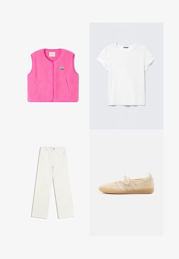 Roze fleecvest met ronde hals, drukknoopsluiting en zijzakken. Heeft een gestructureerde stof en een klein, kleurrijk logo-opdruk.; Effen wit T-shirt met korte mouwen en V-hals, met een klein "WEEKDAY" label aan de binnenkant van de kraag, getoond op een lichtgrijze achtergrond.; Witte jeans met hoge taille en rechte pijpen, met voorzakken en een knoopsluiting op een witte achtergrond.; Beige suède Mary Jane sneaker met klittenbandsluiting, rubberen zool, drie gestikte strepen en gouden "SAMBA"-branding aan de zijkant.
