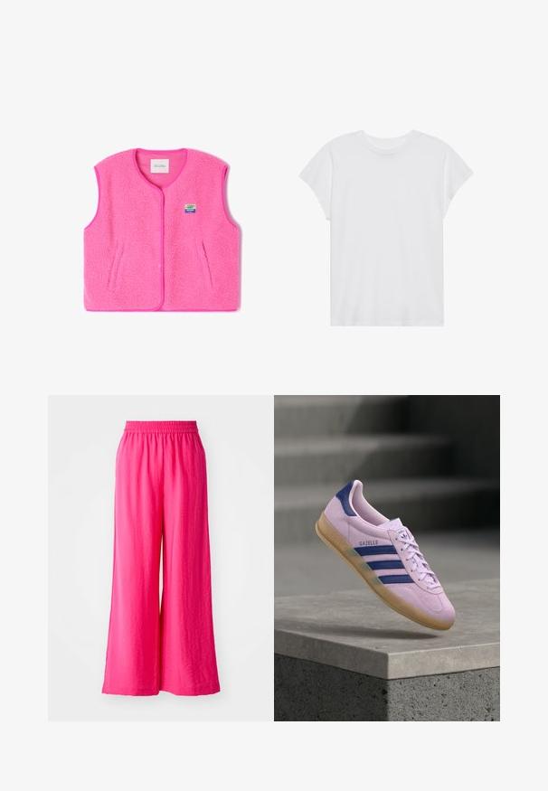 Rosa Fleece-Weste mit Rundhalsausschnitt, Druckknöpfen und Seitentaschen. Sie hat einen strukturierten Stoff und ein kleines, farbenfrohes Logo-Patch.; Weißes kurzärmliges T-Shirt mit Rundhalsausschnitt, lockerer Passform, aus weichem Baumwollstoff. Glatte Textur, keine Muster oder Logos.; Weite, rosa Hosen mit elastischem Bund, aus leichtem Material gefertigt. Glatte Textur mit dezenten Falten für einen entspannten Sitz.; Hellvioletter Adidas Gazelle Sneaker mit marineblauen Streifen und Fersenlasche, Gummisohle, schwebend über einer Steinkante mit verschwommenen Treppen im Hintergrund.