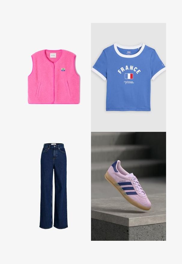 Rosa Fleece-Weste mit Rundhalsausschnitt, Druckknöpfen und Seitentaschen. Sie hat einen strukturierten Stoff und ein kleines, farbenfrohes Logo-Patch.; Blaues kurz geschnittenes T-Shirt mit weißem Kragen und Ärmelsaum, Schriftzug "FRANCE", französische Flagge und Levi's Strauss of California Logo vorne.; Dunkelblaue, hoch taillierte Jeans mit weitem Bein, vorderen Taschen, Gürtelschlaufen, Knopfverschluss und sichtbaren Nahtdetails.; Hellvioletter Adidas Gazelle Sneaker mit marineblauen Streifen und Fersenlasche, Gummisohle, schwebend über einer Steinkante mit verschwommenen Treppen im Hintergrund.