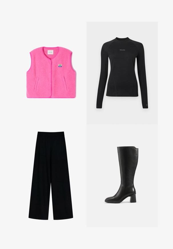 Vaaleanpunainen fleece-vesti, jossa on pyöreä kaula-aukko, nepparit ja sivutaskut. Sisältää tekstuuripintaa ja pienen, värikkään logopatchin.; Musta pitkähihainen slim-fit-paita pyöreällä pääntiellä ja "Woolxweiler"-logo rinnan keskellä.; Mustat leveät housut, joissa on joustava vyötärö, näyttävät sileältä ja siistiltä. Ihanteellinen rentoihin tai vapaa-ajan tilanteisiin.; Musta polven korkeudelle ulottuva nahkasaapas, jossa on palikkakorko ja pyöreä kärki, kuvattuna sivusta yksinkertaisella taustalla.