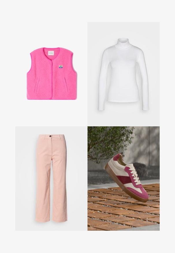 Roze fleecvest met ronde hals, drukknoopsluiting en zijzakken. Heeft een gestructureerde stof en een klein, kleurrijk logo-opdruk.; Witte langemouwen turtle neck shirt van een soepel, rekbaar stof. Heeft een strakke pasvorm en een hoge kraag. Geen zichtbare patronen of accenten.; Lichtroze corduroy recht gesneden broek met riemlussen, sluiting met voorknop en zonder zichtbare zakken.; Witte en roze sneaker met rubberen zool, veters gestrikt, zwevend boven een houten en kiezelsteentegels buitenvloer.