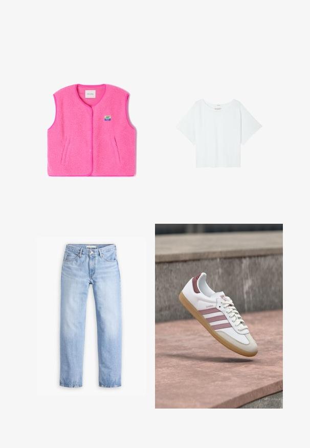 Roze fleecvest met ronde hals, drukknoopsluiting en zijzakken. Heeft een gestructureerde stof en een klein, kleurrijk logo-opdruk.; Witte, kortemouwen, boxy T-shirt met een ronde halslijn en een soepele textuur. Heeft raglanmouwen en een iets verkorte zoom.; Lichtblauwe denim jeans met een rechte pijp, vijf zakken en een middelhoge taille. Heeft een vervaagde textuur en een gestikte zoom.; Witte en roze Adidas Samba sneaker met rubberen zool die zweeft boven een stenen oppervlak met een vervaagde stenen muur op de achtergrond.