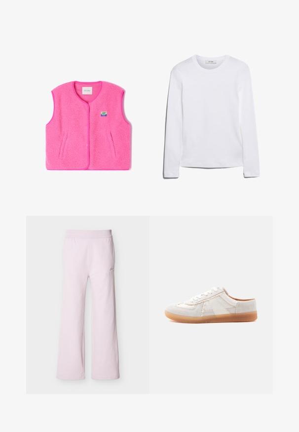 Rosa Fleece-Weste mit Rundhalsausschnitt, Druckknöpfen und Seitentaschen. Sie hat einen strukturierten Stoff und ein kleines, farbenfrohes Logo-Patch.; Langärmliges weißes T-Shirt aus geripptem Baumwollstoff, mit rundem Ausschnitt und geradem Saum. Einfaches Design ohne Muster oder Akzente.; Hellrosa weite Sweatpants mit elastischem Bund und kleinem gesticktem Logo auf dem oberen linken Oberschenkel.; Weißer Sneaker mit niedrigem Schaft aus Wildleder- und Stoffeinsätzen, weißen Schnürsenkeln und einer durchscheinenden Gummisohle, fotografiert vor weißem Hintergrund.