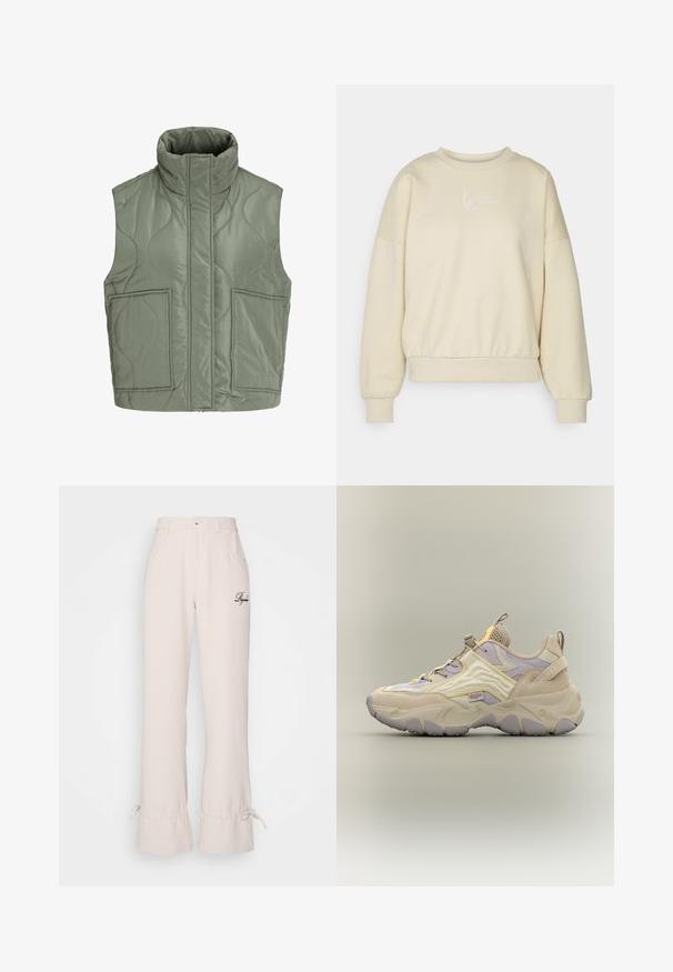 Hihaton tikattu oliivinvihreä liivi, jossa korkea kaulus, edessä vetoketju, joka peittyy läpällä, ja kaksi isoa etutaskua.; Vaate beige sweatshirt, jossa on pyöreä kaula-aukko, laskeutuneet olkaimet ja elastinen vyötärö. Etupuolella on valkoista brodeerausta. Pehmeä kangas.; Beige levelet bukser med høj talje, frontlommer, subtil rynkedetalje ved kanterne og bestået logo i mørkebrun.; Paksupohjainen beige ja laventelinvärinen lenkkari, jossa on verkkokangasta ja mokkanahkaa olevat paneelit, vedinlenkit kielessä ja kantapäässä sekä "Buffalo"-merkkiset yksityiskohdat.