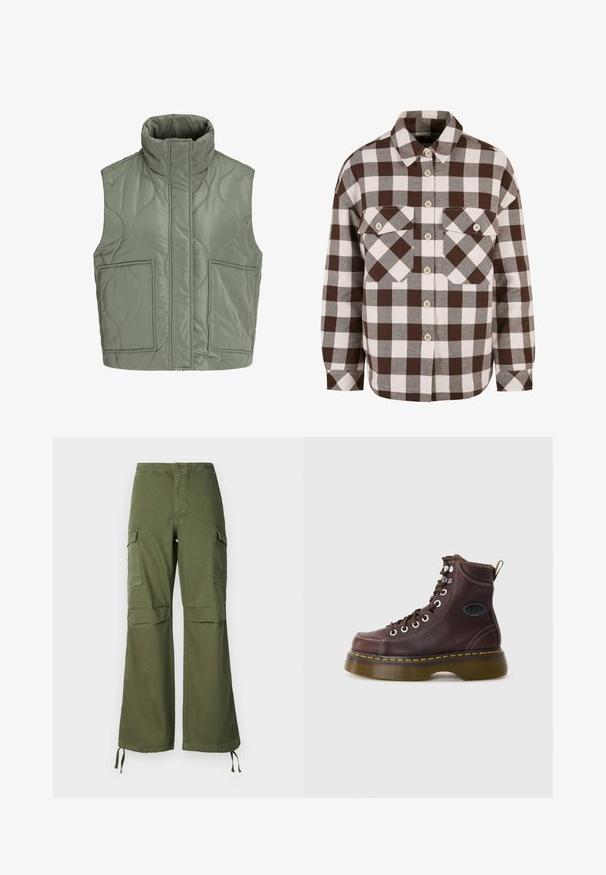 Varritudest rohelise varrukateta vest kõrge kraega, ees tõmblukk, mis on varjatud klapi all, ning kaks suurt eesmist taskut.; Pruun ja valge ruuduline nööbiga särk kahe rinna-taskuga, klassikalise krae ja nööbid ees. Pehme kangast tekstuur.; Oliivrohelised puuvillased cargo püksid, millel on lai jalgade disain, kaks küljetaskut ja reguleeritavad nöörid ääres.; Pruunist nahast pahkluu saapad tekstureeritud pinnaga, hõbedaste silmade ja kollase ääristusega. Omab jämedat läbipaistvat tallat ja kinnituslipikut.