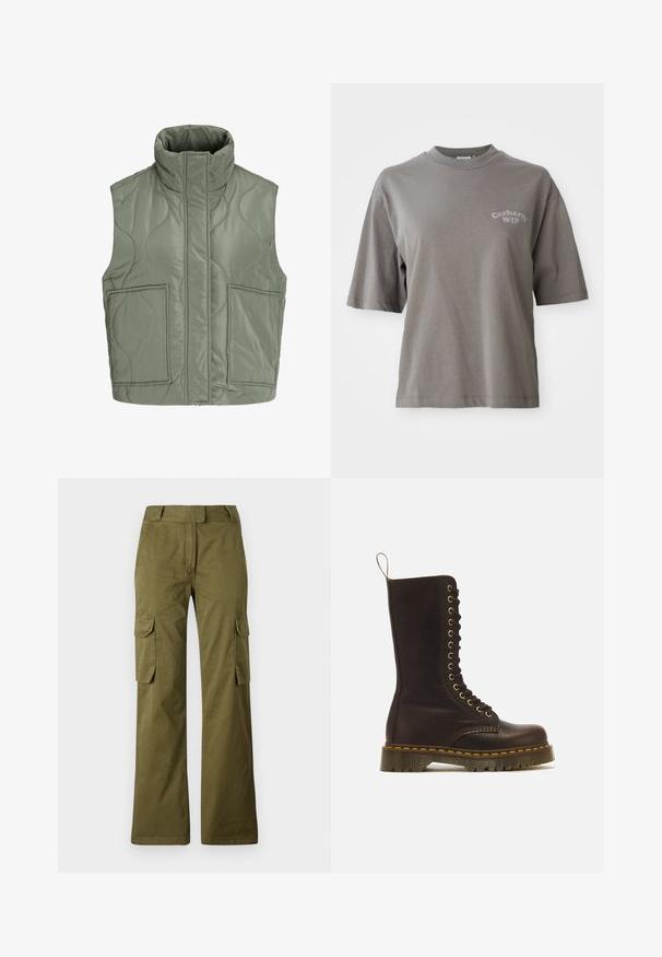 Chaleco acolchado sin mangas de color verde oliva con cuello alto, cremallera frontal oculta por una solapa y dos grandes bolsillos parche delanteros.; Camiseta de algodón gris con mangas cortas, cuello redondo y un pequeño logo de Carhartt WIP impreso en el frente. Textura suave, ajuste relajado.; Pantalones cargo verde oliva hechos de una mezcla de algodón, con un diseño de pierna recta, dos bolsillos laterales y cierre de botón en la cintura.; Bota alta de cuero marrón oscuro con cordones, costuras amarillas, suela gruesa con estrías y asa trasera.