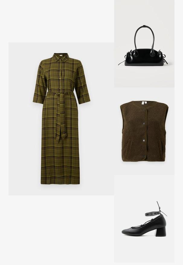 Chaleco marrón sin mangas hecho de forro polar texturizado, con escote redondo, cierre de botones a presión y bolsillos laterales.; Vestido midi de cuadros verdes con un cuello tipo camisa, mangas tres cuartos, un cinturón atado y detalles de botones en la parte delantera.; Zapato negro de piel con tacón medio, punta afilada, tiras cruzadas y atadura alrededor del tobillo sobre fondo blanco.; Pequeño bolso negro brillante con dos asas largas y detalles de cordón lateral sobre un fondo claro liso.