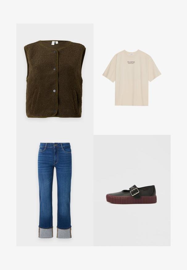 Ruskea ilmanhiha vest, joka on valmistettu strukturoidusta fleece-kankaasta. Siinä on pyöreä kaula-aukko, painonappikiinnitys ja sivutaskut.; Beige puuvillane T-särk lühikeste varrukatega ja ümmarguse kaelusega, millel on kesksel rindkeres "YELLOWSTONE" graafika lillakas-sinises toonis.; Siniset farkut suorella lahkeella, joissa on vaaleanharmaat käänteet. Keskikorkea vyötärö ja perinteinen viiden taskun muotoilu.; Musta liukusäädettävä kenkä pyöreällä muotoilulla, jossa on näyttävä solki ja poimuttunut viininpunainen pohja. Sileä nahkapinta.