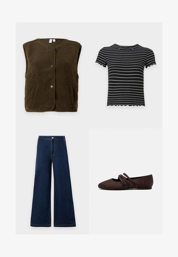 Brun, ærmeløs vest lavet af tekstureret fleece, med rund halsudskæring, trykknaplukning og sidelommer.; Sort ribbet kortærmet top med hvide horisontale striber. Scalloperede manchetter og udskæring, der fremhæver designet. Velegnet til afslappet brug.; Bredde denim jeans i mørkeblå med guld sting, der har en frontknap og lynlåslukning samt et klassisk fem-lomme design.; Brun flad sko med spids tå og to tynde krydsende remme over vristen, synlige syningsdetaljer og en lav hæl.