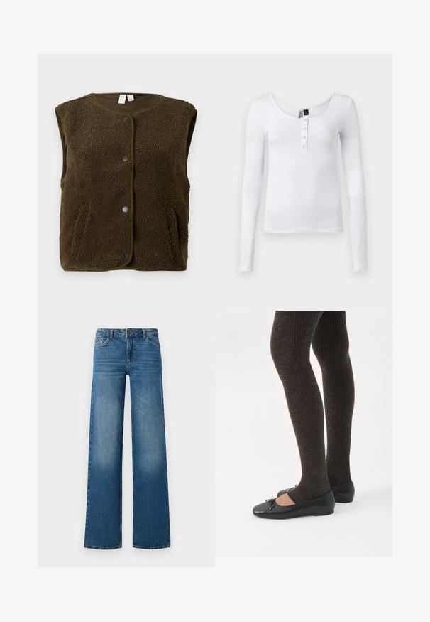 Brun, ærmeløs vest lavet af tekstureret fleece, med rund halsudskæring, trykknaplukning og sidelommer.; Hvid langærmet ribbet top med scoop-neck og fire knapper foran. Stoffet har en glat tekstur og en tætsiddende pasform.; Bredde ben blå jeans med en falmet vask, fem lommer og en knaplukning. Fremstillet af denim med en glat, robust tekstur.; Ben iført mørke ribbede leggings kombineret med sorte balletsko med små sløjfedetaljer på hvid baggrund.