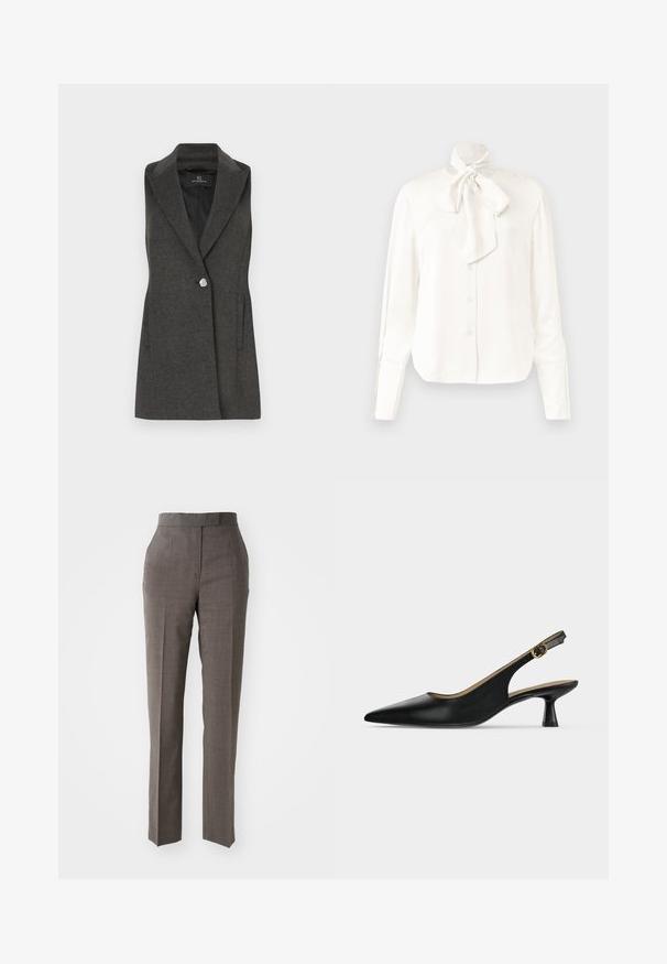 Blazer sans manches gris charbon avec un col cranté, fermeture à un bouton argenté unique et poches latérales. Tissu texturé avec une coupe ajustée.; Blouse blanche à manches longues en tissu léger avec col haut et un grand nœud au niveau du cou, dotée d'une fermeture à boutons sur le devant.; Pantalons gris ajustés avec une jambe droite, tissu texturé, taille moyenne et deux poches avant. Pas de fermetures ni de motifs visibles.; Escarpin slingback noir à bout pointu, petit talon évasé et bride à boucle dorée, présenté sur un fond clair uni.