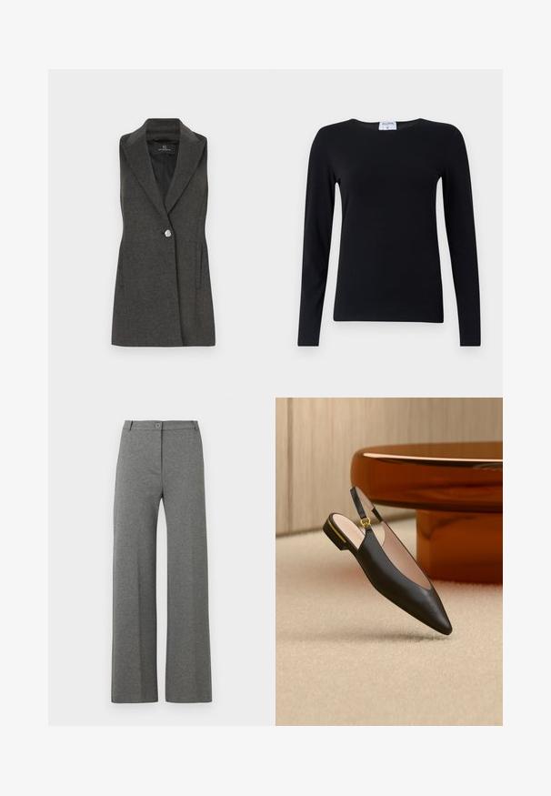 Blazer sans manches gris charbon avec un col cranté, fermeture à un bouton argenté unique et poches latérales. Tissu texturé avec une coupe ajustée.; Chemise noire à manches longues en tissu doux, avec un col rond, une coupe droite et des coutures minimales pour une apparence épurée.; Pantalons larges gris en tissu texturé, dotés d'une fermeture à bouton sur le devant et de deux poches latérales. Design classique à coupe décontractée.; Chaussure plate noire à bout pointu, bride arrière avec boucle dorée et petit talon, posée sur un tapis beige près d'une table ronde marron.