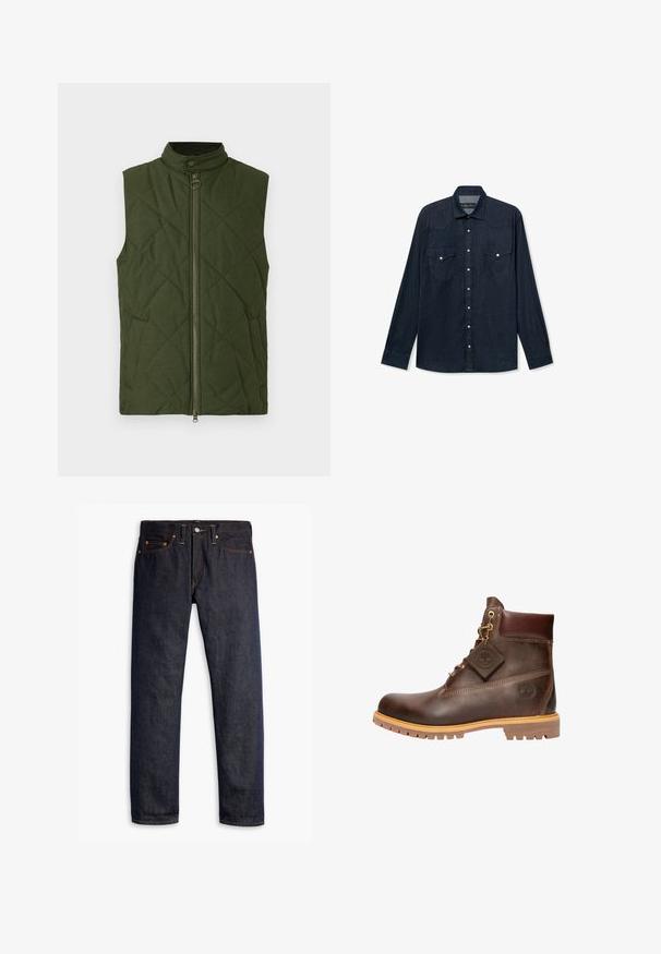 Olijfgroene doorgestikte bodywarmer met een hoge kraag, een rits aan de voorkant en zijzakken. De stof heeft een gestructureerde afwerking met een diamantpatroon.; Donkerblauwe denim shirt met lange mouwen, knoopsluiting aan de voorkant, twee klepborstzakken met knopen en een klassieke kraag.; Donkerblauwe spijkerbroek met een rechte pasvorm, vijf zakken, koperen klinknagels, gele stiksels en een duidelijke textuur in de stof.; Bruine leren enkelboot met een ronde neus, stevige zool, hardware in goudkleur en een gestructureerde bovenkant. Inclusief een merklabel dat is bevestigd.