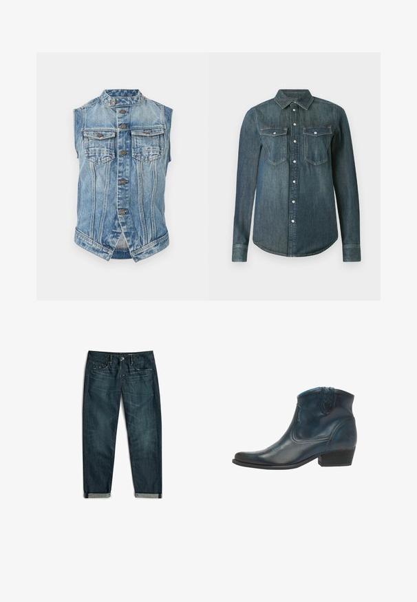 Ärmellose blaue Jeansweste mit Stehkragen, vorderem Knopfverschluss, zwei Brustklapptaschen und vertikalen Nahtdetails.; Dunkelblaues Jeanshemd mit langen Ärmeln, durchgeknöpft vorne und zwei Brusttaschen mit Klappen und Knöpfen.; Dunkelblaue aufgerollte Jeans aus Denim mit Fronttaschen, Gürtelschlaufen und Knopfverschluss, flach auf weißem Hintergrund gelegt.; Cowboy-Stiefel aus dunkelblauem Leder, mit spitz zulaufender Zehenpartie, geschwungenen Akzenten und einem niedrigen, gestapelten Absatz mit dezenten Nähdetails.