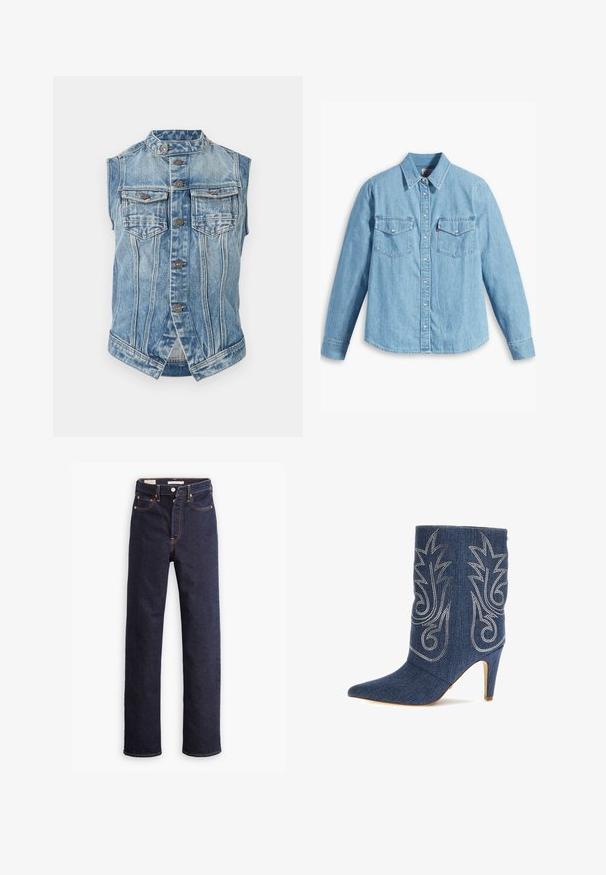 Ärmellose blaue Jeansweste mit Stehkragen, vorderem Knopfverschluss, zwei Brustklapptaschen und vertikalen Nahtdetails.; Helles blaues Denimhemd mit langen Ärmeln, spitzem Kragen, zwei Brusttaschen, Knopfleiste und subtiler Struktur. Keine sichtbaren Muster.; Dunkelblaue gerade geschnittene Denim-Jeans mit fünf Taschen und sichtbaren orangefarbenen Nähten auf einem weißen Hintergrund.; Denim-Ankle-Boot mit spitzer Zehenform, geschwungenem Design, silberner dekorativer Stickerei und 3-Zoll-Stiletto-Absatz. Dunkelblau mit strukturiertem Finish.