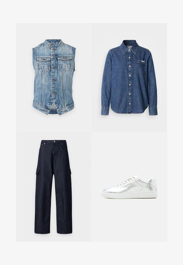 Ærmeløs blå denimvest med ståkrave, frontlukning med knapper, to brystlommer med klap og lodret sømdetaljering.; Blå denimskjorte med lange ærmer, knaplukning foran, krave, enkelt brystlomme og diskrete syningsdetaljer. Glat tekstur og afslappet pasform.; Mørk denim cargo bukser med brede ben, der har to sidelommer, en knaplukning og en holdbar stoftekstur.; Lavtskåret metallic sølv sneaker med hvid sål og snørebånd, glat tekstur og subtil præget branding på siden.