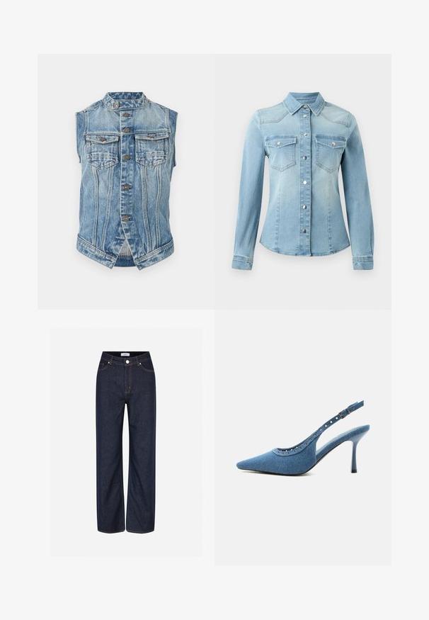 Chaleco de mezclilla azul sin mangas con cuello de pie, cierre delantero de botones, dos bolsillos en el pecho con solapa y detalles de costura vertical.; JDY JDYMOON SHIRT - Blusa - medium blue denim; Jeans de pierna ancha color azul oscuro hechos de denim, con grandes bolsillos, costura naranja en contraste y un cierre de botón en la cintura.; Zapato de tacón alto con puntera puntiaguda, trasera tipo slingback en denim azul con detalles de ojales plateados y correa ajustable con hebilla.