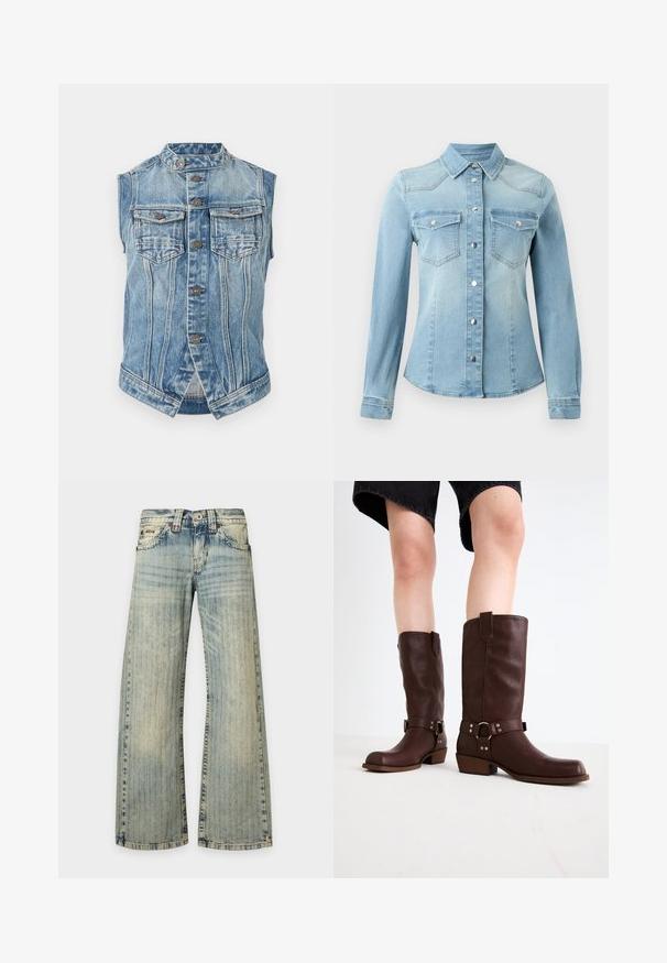 Mouwloos blauw denim vest met opstaande kraag, sluiting met knopen aan de voorkant, twee borstzakken met klep en verticale naad details.; JDY JDYMOON SHIRT - Overhemdblouse - medium blue denim; Lichtblauwe denim jeans met een vervaagd verticaal streeppatroon, voorzakken, knoopsluiting en brede rechte pijpen.; Bruine leren kniehoge laarzen met een ronde neus, gestructureerd oppervlak, enkelriem en zilveren hardware-detail; opgestapelde hak.