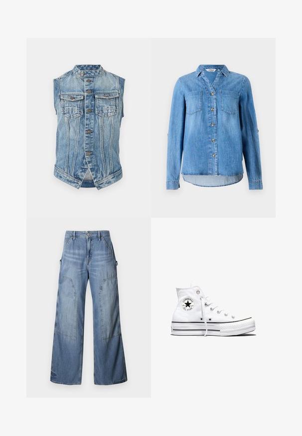 Ærmeløs blå denimvest med ståkrave, frontlukning med knapper, to brystlommer med klap og lodret sømdetaljering.; Lys blå denimskjorte med knaplukning foran, to brystlommer og ærmer som kan rulles op med knapdetaljer.; Good American GOOD EASE RELAXED - Jeans Relaxed Fit - indigo; Hvid højtop Converse Chuck Taylor All Star-sneaker med sort logo-patch og hvide snørebånd, vist på hvid baggrund.