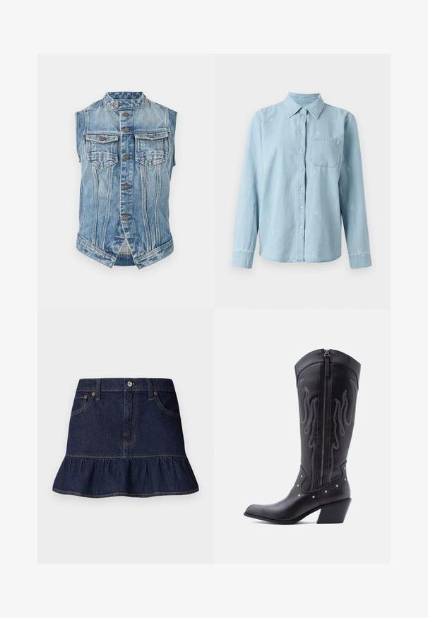 Ärmellose blaue Jeansweste mit Stehkragen, vorderem Knopfverschluss, zwei Brustklapptaschen und vertikalen Nahtdetails.; Helles blaues Denim-Hemd mit langen Ärmeln, Knopfleiste und einer Brusttasche. Verfügt über weiße florale Stickereien über den Stoff.; Dunkelblaue Denim-Rock mit Rüschensaum, Fünf-Taschen-Design, Gürtelschlaufen und einer vorderen Knopfleiste. Glatte Textur und gerader Schnitt.; Schwarze Cowboy-Stiefel aus Leder mit spitzer Zehenpartie, sichtbarer Nahtführung, silbernen Nietenakzenten und Reißverschluss auf der Innenseite.