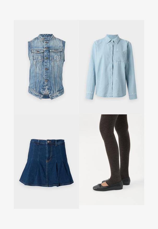 Mouwloos blauw denim vest met opstaande kraag, sluiting met knopen aan de voorkant, twee borstzakken met klep en verticale naad details.; Lichtblauwe denimbloes met lange mouwen, knoopsluiting aan de voorkant en een borstzak. Heeft witte bloemenborduursel over de stof verspreid.; Donkerblauwe denim rok met een geplooid ontwerp, vijf zakken, een sluiting met een knoop aan de voorkant en contrasterende stiksels.; Benen met donkere geribbelde leggings gecombineerd met zwarte ballerina's met kleine strikdetails op een witte achtergrond.