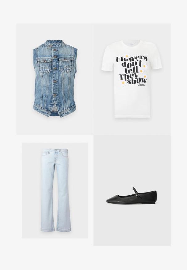 Ærmeløs blå denimvest med ståkrave, frontlukning med knapper, to brystlommer med klap og lodret sømdetaljering.; Hvid T-shirt med korte ærmer med sort tekst "Flowers don't tell, They show" og hvide broderede margueritter med gule midter.; Lyseblå højtaljede denimjeans med forlommer, knaplukning og brede udvidede ben.; Sorte læder balletflade med spids tå, flad sål og en lille spænde rem over anklen for en sikker pasform.
