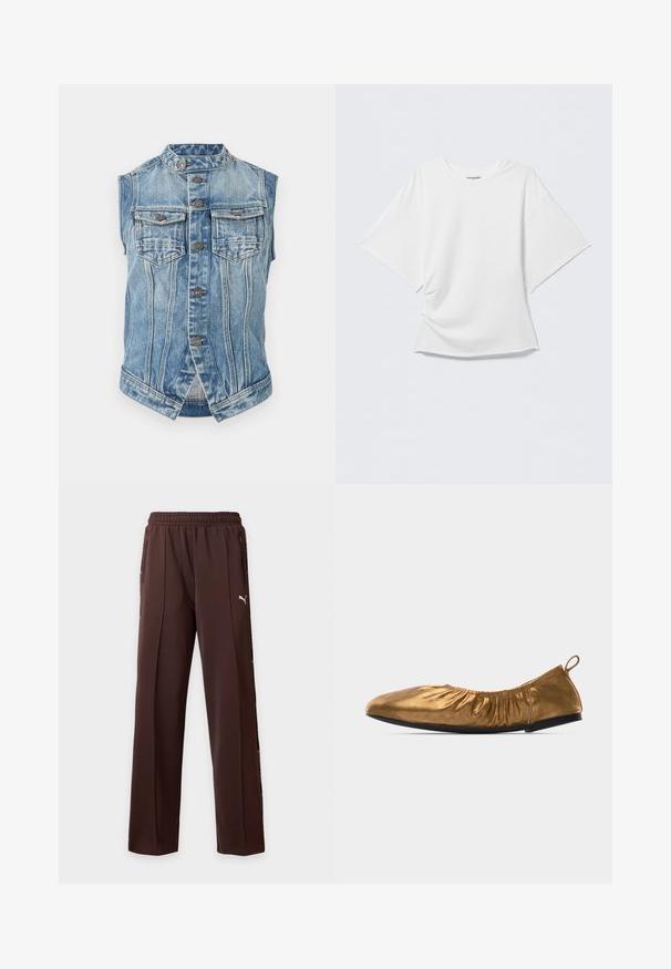 Ærmeløs blå denimvest med ståkrave, frontlukning med knapper, to brystlommer med klap og lodret sømdetaljering.; Hvid oversize T-shirt med korte ærmer og rund hals, let krøllet front, vist mod en ensfarvet lysegrå baggrund.; Brune Puma træningsbukser med elastisk taljebånd, lynlåslommer i siderne og lille hvid Puma-logo på højre lår.; Bløde metallic gyldne balletflade sko med rynket elastisk top og sort sål, vist fra siden på hvid baggrund.