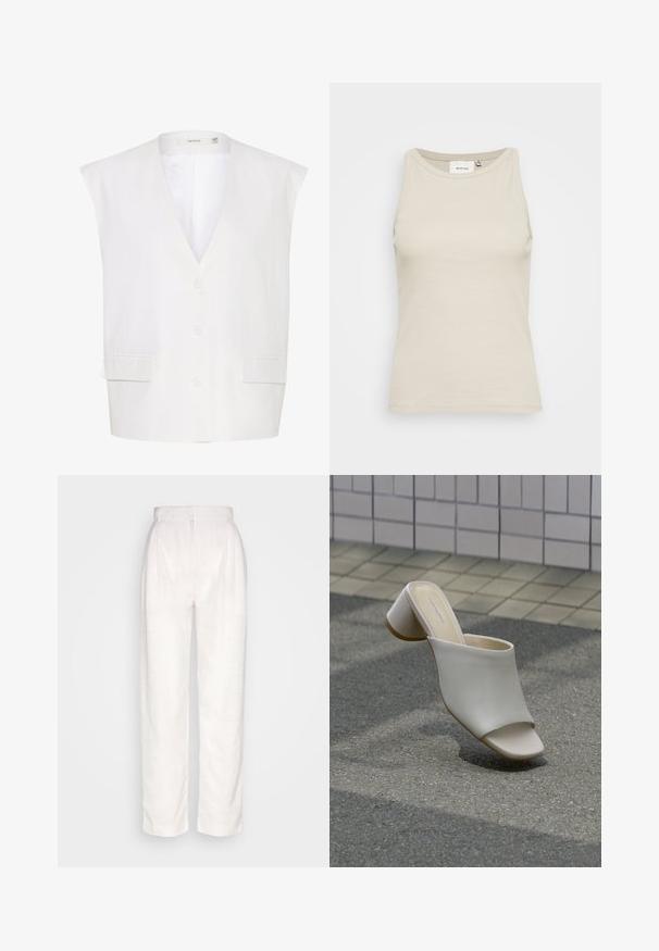 Hvid ærmeløs vest med en dyb V-hals, tre knapper, to forlommer og en glat stoffinish. Simpelt design med skræddersyede kanter.; Lys beige tank top lavet af ribbestrikket stof med en rund halsudskæring og ærmeløs design. Har en diskret mærkeetiket indeni.; Samsøe Samsøe MEME TROUSERS - Bukser - rosewater; Enkelt hvid åben tå mule med blokhæl på brolagt grund nær flisebelagt væg, vinklet for at vise side- og topudsigt.