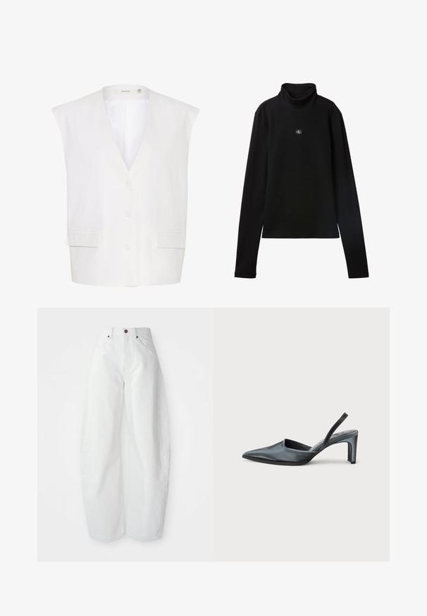 Chaleco blanco sin mangas con un escote en V profundo, tres botones, dos bolsillos frontales y un acabado de tela suave. Diseño sencillo con bordes entallados.; Top negro de cuello alto acanalado de manga larga con un pequeño parche cuadrado con el logo de Calvin Klein centrado en el pecho.; Pantalones de mezclilla blancos de tiro alto con un corte holgado. Presentan un cierre de botón, bolsillos laterales y un diseño minimalista. Textura suave.; Tacón destalonado negro con punta puntiaguda, acabado de satén elegante y tacón delgado de 3 pulgadas. Diseño lateral abierto con detalle mínimo de costuras.
