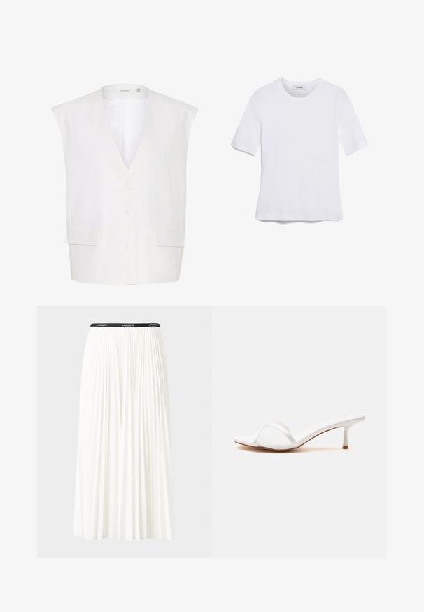 Witte mouwloze vest met een diepe V-hals, drie knopen, twee voorke pocketen en een gladde stofafwerking. Eenvoudig ontwerp met op maat gemaakte randen.; Witte korte mouwen t-shirt van ribstof. Ronde halslijn, normale pasvorm en subtiele stiksels. Geen patronen of grafische elementen.; Plisséminirok in het wit met een zwarte elastische tailleband met het "LACOSTE"-logo. Middellange ontwerp met een zachte textuur.; Witte muilezel met open teen, smalle doorzichtige band aan de voorkant en een lage kittenhak op een effen oppervlak.
