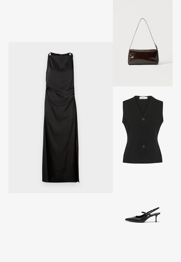 Chaleco negro sin mangas con escote en V, que presenta cuatro grandes botones redondeados y una forma ajustada. Tejido de punto texturizado.; Vestido negro sin mangas con silueta recta, hecho de una tela suave. Presenta fruncidos y una abertura lateral como detalle adicional.; Zapatos de tacón slingback de cuero negro con punta afilada, correa ajustable delgada y un tacón de aguja de aproximadamente 5 cm, textura suave.; Bolso de hombro rectangular de cuero marrón oscuro con una única correa delgada y hebilla dorada sobre un fondo liso.