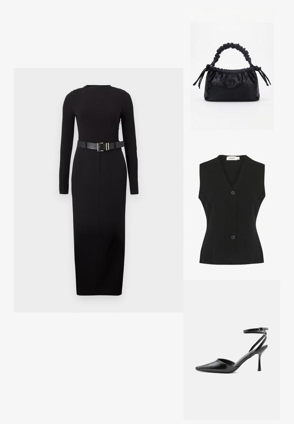 Chaleco negro sin mangas con escote en V, que presenta cuatro grandes botones redondeados y una forma ajustada. Tejido de punto texturizado.; Vestido midi negro de manga larga con cuello redondo y silueta ajustada, que cuenta con un cinturón ancho negro con hebilla rectangular plateada.; Zapato de tacón alto negro de punta fina con delgadas correas en el tobillo y cierre de hebilla plateada sobre un fondo liso claro.; Bolso negro con textura de cocodrilo, borde superior fruncido, asa recogida y cordones con borlas en cada lado sobre un fondo blanco.