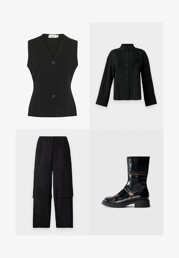 Zwarte mouwloze vest met V-hals, voorzien van vier grote ronde knopen en een getailleerde pasvorm. Geverfde breisel stof.; CLOSED Overhemdblouse - black; Henrik Vibskov SHANTS PANTS - Broek - black; Zwarte leren enkelboot met glanzende afwerking, ronde neus, lage blokhak en contrasterende bruine stiksels. Soepele textuur en slank ontwerp.