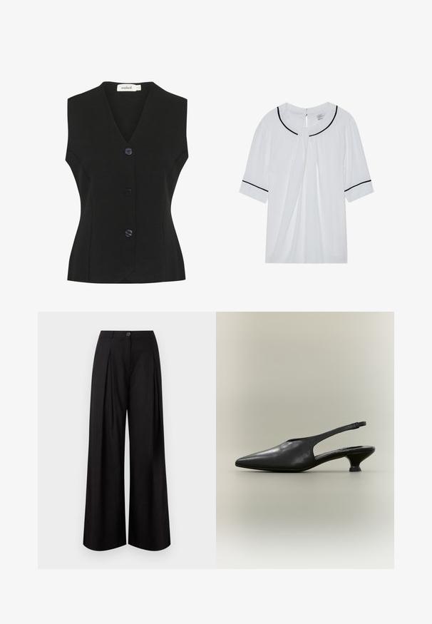 Chaleco negro sin mangas con escote en V, que presenta cuatro grandes botones redondeados y una forma ajustada. Tejido de punto texturizado.; Blusa blanca de manga corta con escote redondo, con ribete negro en el cuello y las mangas, y un cierre de ojal en la parte posterior.; Pantalones negros de pierna ancha con pinzas delanteras, cintura, cierre de botón y cremallera oculta.; Zapato slingback de cuero negro con punta afilada y tacón bajo tipo kitten sobre fondo neutro.