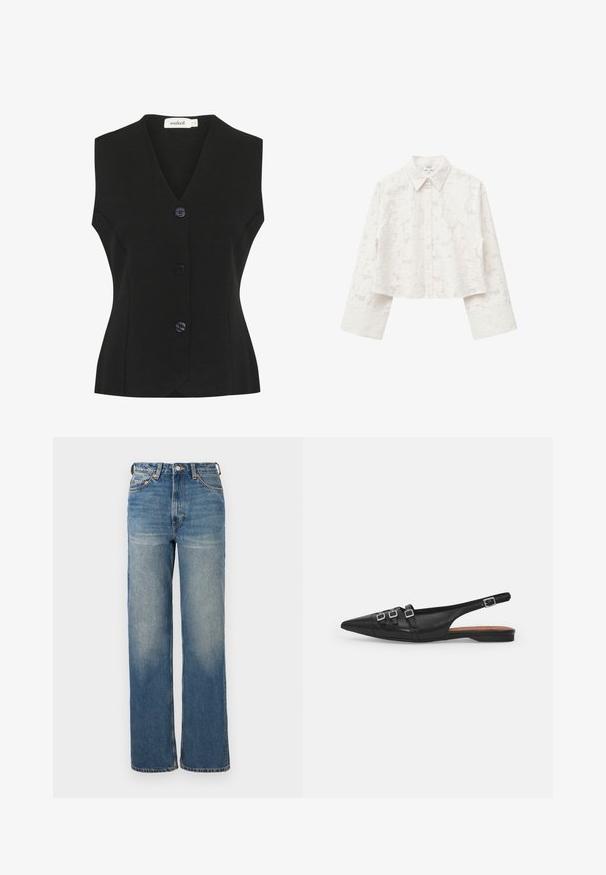 Chaleco negro sin mangas con escote en V, que presenta cuatro grandes botones redondeados y una forma ajustada. Tejido de punto texturizado.; Camisa blanca recortada de manga larga con puños anchos y sutil patrón texturizado floral, cuello clásico y cierre frontal con botones.; Vaqueros de talle alto y pernera ancha en denim azul claro con un ligero desgastado, diseño de cinco bolsillos y acentos de metal.; Zapato plano slingback de cuero negro con puntera puntiaguda, que presenta dos correas horizontales y hebillas plateadas cuadradas, tacón bajo y textura suave.