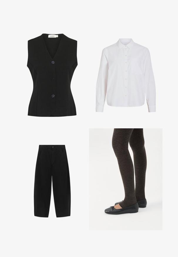 Sort ærmeløs vest med V-hals, der har fire store runde knapper og en tætsiddende form. Struktureret strikstof.; Hvid skjorte med lange ærmer, knapper foran, klassisk krave, enkelt brystlomme, lavet af glat, let stof med løs pasform.; Sorte, vidde-bukser med korte ben, forlommer, bæltestropper og knaplukning, vist på en hvid baggrund.; Ben iført mørke ribbede leggings kombineret med sorte balletsko med små sløjfedetaljer på hvid baggrund.