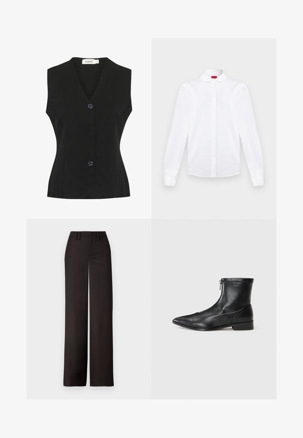 Chaleco negro sin mangas con escote en V, que presenta cuatro grandes botones redondeados y una forma ajustada. Tejido de punto texturizado.; Camisa blanca de manga larga con botones, cuello redondeado, frontal abotonado y puños, exhibida sobre un fondo liso.; Pantalones anchos negros con una parte delantera plana, presillas para cinturón y una textura suave, diseñados para un ajuste entallado. Sin hardware ni patrones visibles.; Botín de cuero negro hasta el tobillo con punta afilada, tacón bajo y cierre de cremallera frontal, mostrado de perfil sobre un fondo blanco liso.