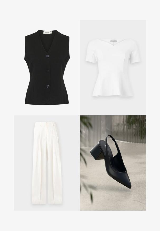 Chaleco negro sin mangas con escote en V, que presenta cuatro grandes botones redondeados y una forma ajustada. Tejido de punto texturizado.; Top blanco de manga corta con peplum, escote corazón y cintura ajustada, con etiqueta "Anna Field" visible en el interior del cuello.; Pantalones blancos de talle alto y pierna ancha con pliegues, trabillas, bolsillos delanteros y cierre delantero oculto.; Zapato de tacón slingback de cuero negro con punta afilada y tacón cuadrado. Textura suave, diseño minimalista y correa ajustable en el tobillo.
