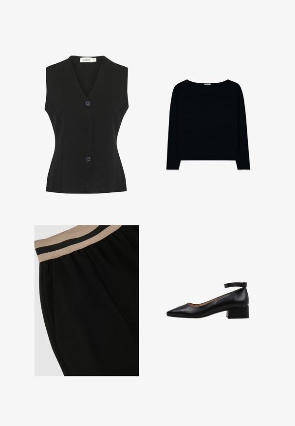 Chaleco negro sin mangas con escote en V, que presenta cuatro grandes botones redondeados y una forma ajustada. Tejido de punto texturizado.; Top de manga larga en negro sólido, hecho de tela suave. Presenta un escote amplio y un diseño cropped, con una textura lisa y sin patrones visibles.; Pantalones negros con una cinturilla elástica que presenta un detalle de rayas en tonos marrón claro y oscuro. Textura suave con costuras laterales y sin bolsillos visibles.; Zapatos de tacón con correa al tobillo de cuero negro, con puntera afilada y un tacón bajo. Textura suave con un diseño simple y detalles mínimos.