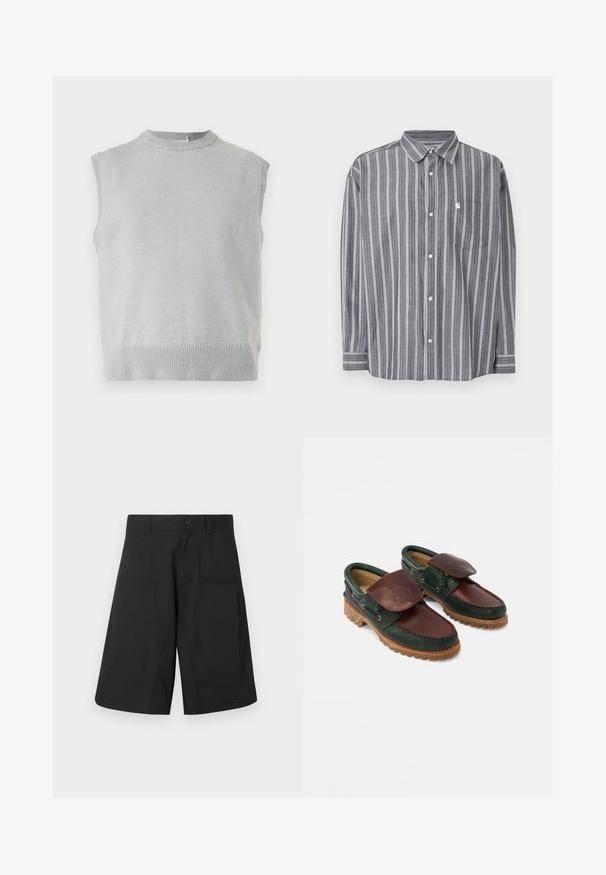 Gilet sans manches en tricot gris clair avec col rond côtelé et ourlet, présenté sur un fond uni.; Chemise grise à manches longues avec des rayures blanches verticales, boutonnée à l'avant, poche poitrine et col classique, étalée à plat sur fond blanc.; Shorts cargo noirs en tissu léger, dotés d'une fermeture à bouton et de deux poches avant, avec un design épuré à coupe droite.; Chaussures en cuir avec un corps vert foncé, un dessus bordeaux, un bout rond, un rabat sécurisé et une semelle en caoutchouc texturée avec des rainures.