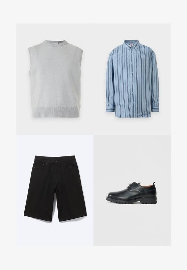 Gilet sans manches en tricot gris clair avec col rond côtelé et ourlet, présenté sur un fond uni.; Chemise bleu clair à manches longues avec des rayures verticales noires et une poche poitrine frontale.; Short en jean noir longueur genou avec bouton à l'avant, passants de ceinture et cinq poches, présenté sur fond blanc.; Chaussures derby en cuir noir avec une texture lisse, bout rond, design à lacets et une semelle en caoutchouc épaisse et robuste.