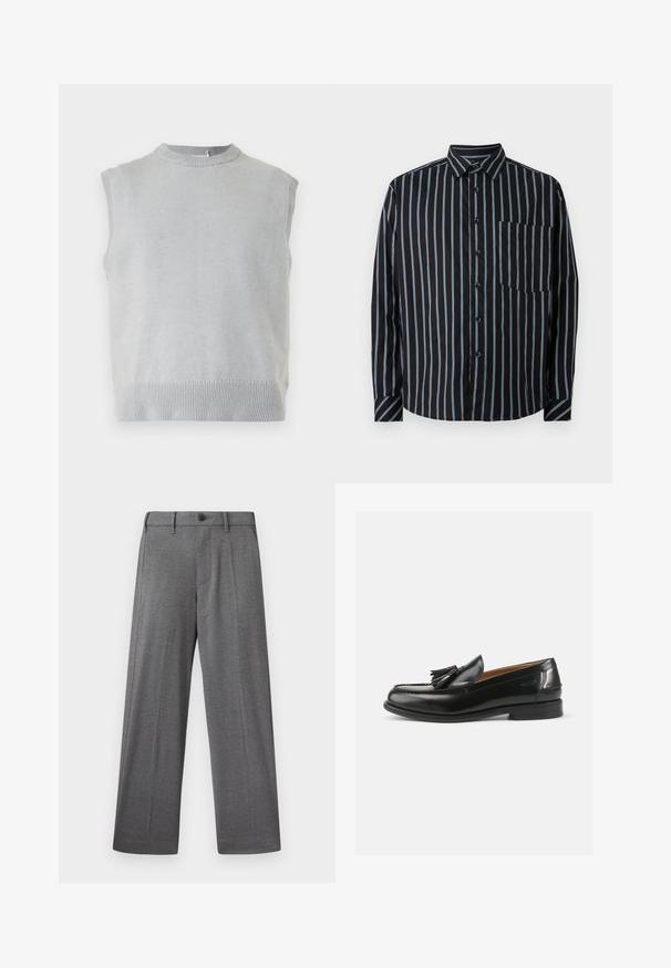 Gilet sans manches en tricot gris clair avec col rond côtelé et ourlet, présenté sur un fond uni.; Chemise noire à boutons avec des rayures verticales bleues, manches longues, col et poche poitrine. Tissu lisse, coupe décontractée, boutons standard.; Pantalon gris à jambes larges en tissu texturé, avec une fermeture à bouton, des poches latérales et des plis nets le long des jambes.; Mocassins en cuir noir avec un accent de gland, un bout arrondi et une finition lisse. La semelle est plate avec un motif de trottoir minimal.