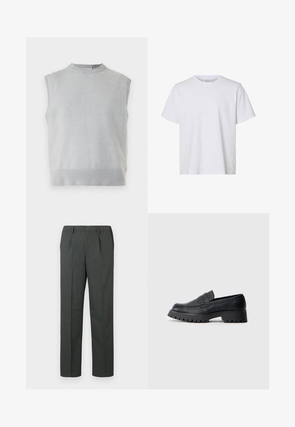 Gilet sans manches en tricot gris clair avec col rond côtelé et ourlet, présenté sur un fond uni.; T-shirt blanc uni à manches courtes, col rond, coupe régulière et texture de tissu lisse, présenté sur fond blanc.; Pantalon gris bien coupé avec un devant plat, une coupe droite et une fermeture à un bouton, fabriqué en tissu léger.; Mocassins en cuir noir avec un bout arrondi, présentant une sangle décorative et une semelle en caoutchouc épaisse avec de profonds crampons pour une meilleure adhérence.