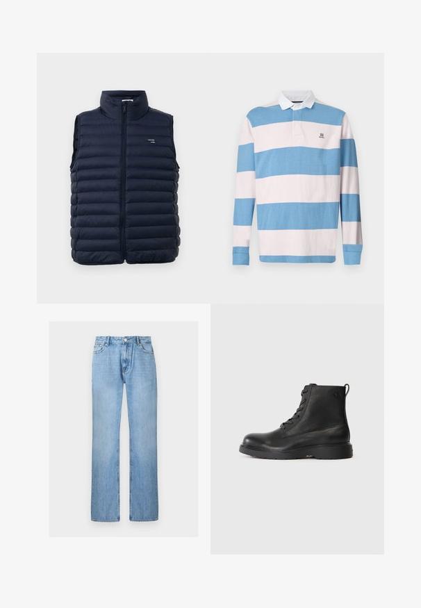 Námornícky puffer vest s vysokým golierom, plným zipsom a prešívaným dizajnom. Obsahuje logovú nášivku v oblasti ľavej hrude. Ľahký materiál.; Polokošeľa s dlhým rukávom so sivomodrými a svetloružovými horizontálnymi pruhmi, bielym golierom a jemným logom na hrudi. Bavlnený materiál.; Svetlomodré rifle s priamym strihom a predným zapínaním na gombíky a vreckami, zobrazené na jednoduchom bielom pozadí.; Čierne členkové topánky vyrobené z textúrovanej kože s okrúhlou špičkou, šnurovací dizajn a robustná čierna gumená podrážka. Obsahujú pútko na päte.