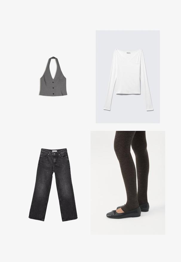 Haut dos nu à carreaux gris et noirs avec un décolleté en V profond et trois boutons noirs sur le devant, posé à plat sur un fond blanc.; Haut blanc à manches longues avec un design croisé et une poche. Fabriqué dans un tissu lisse et extensible. Coupé dans une coupe décontractée et ample.; Jean noir à jambes larges, poches avant et fermeture par bouton, étiquette de taille 38 visible à la ceinture.; Jambes portant des leggings côtelés foncés associés à des ballerines noires avec de petits détails en nœud sur fond blanc.
